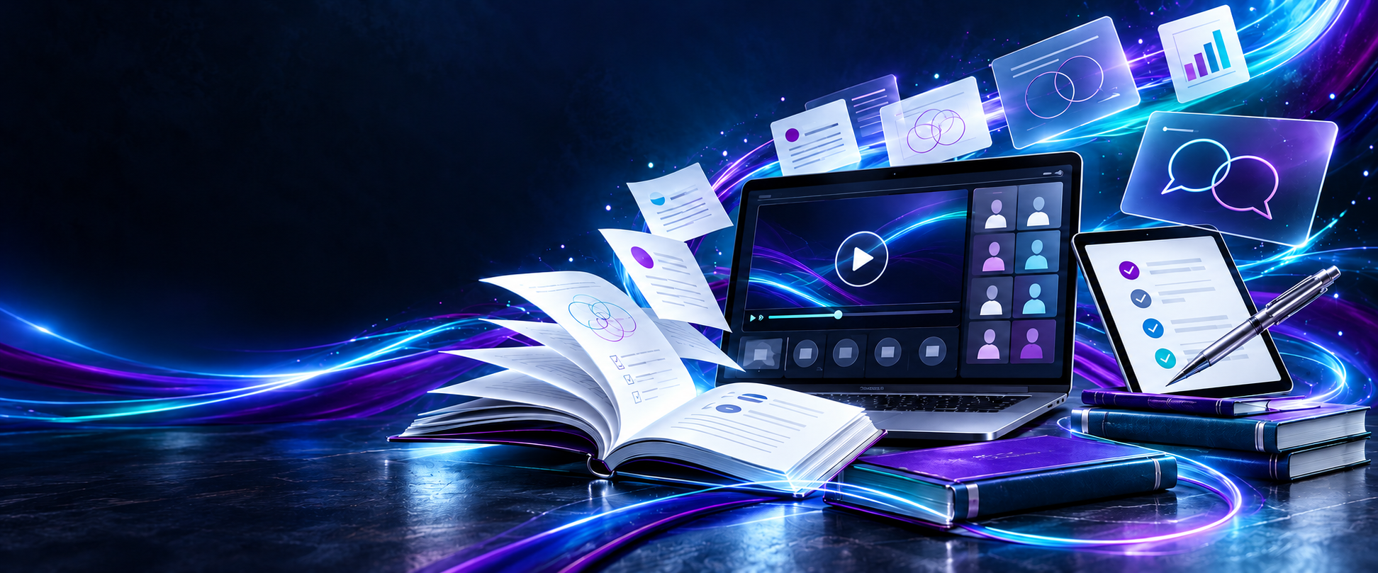 Un livre ouvert dont les pages s'envolent vers un ordinateur et une tablette, reliés par des faisceaux de lumière